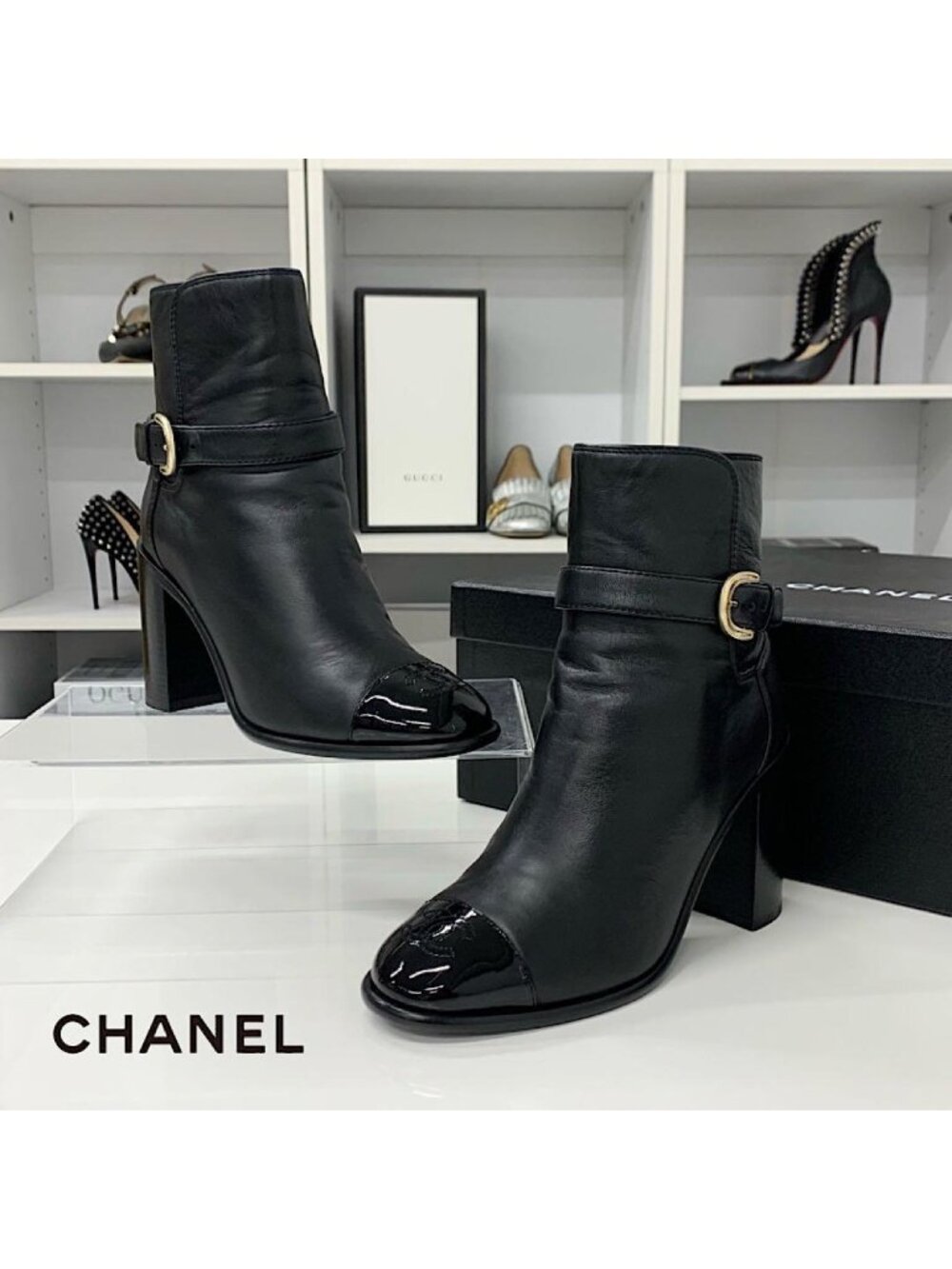 Chanel CC Logo Belt Leather Patent Short Boots Black